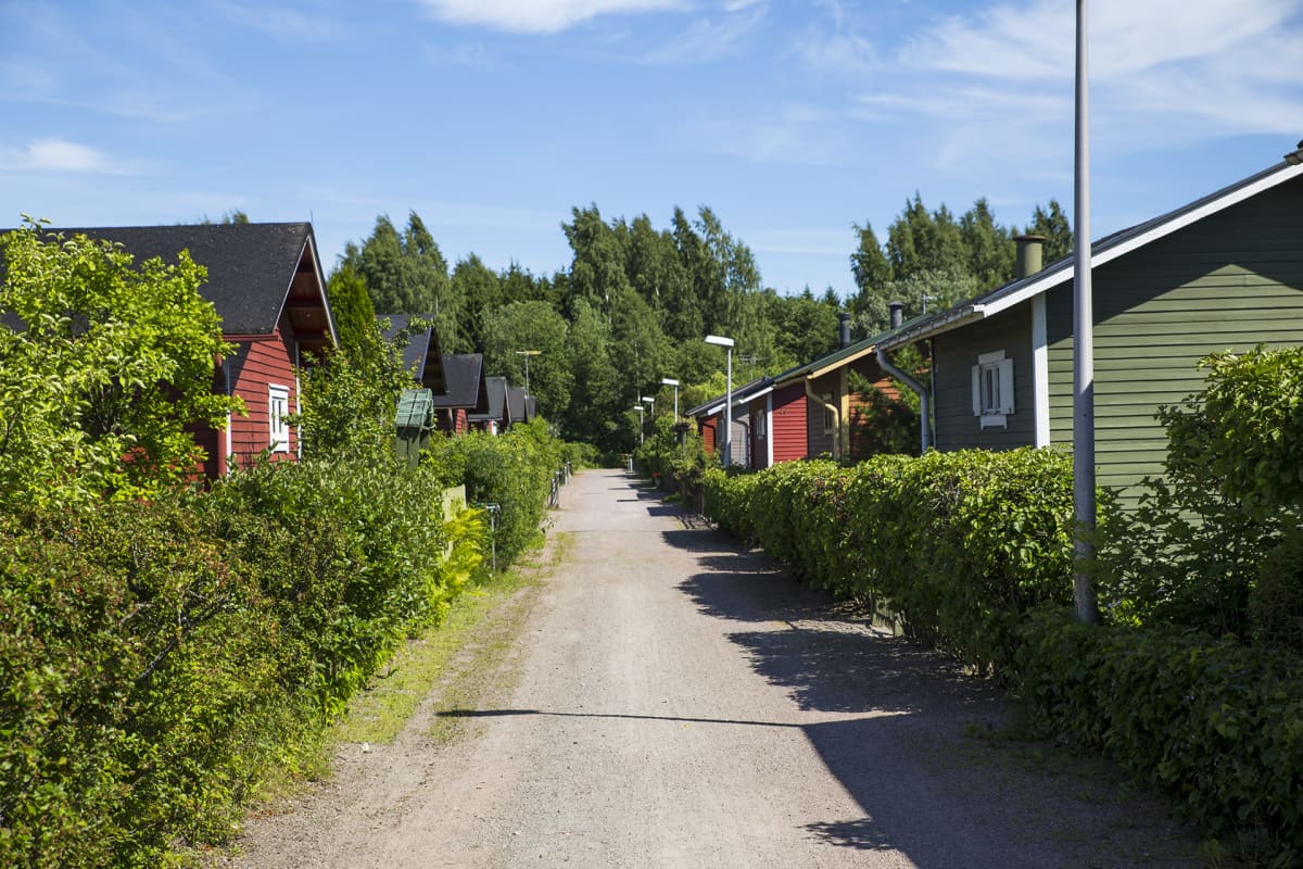 Mökkejä tiiviissä rivissä siirtolapuutarha-alueella.