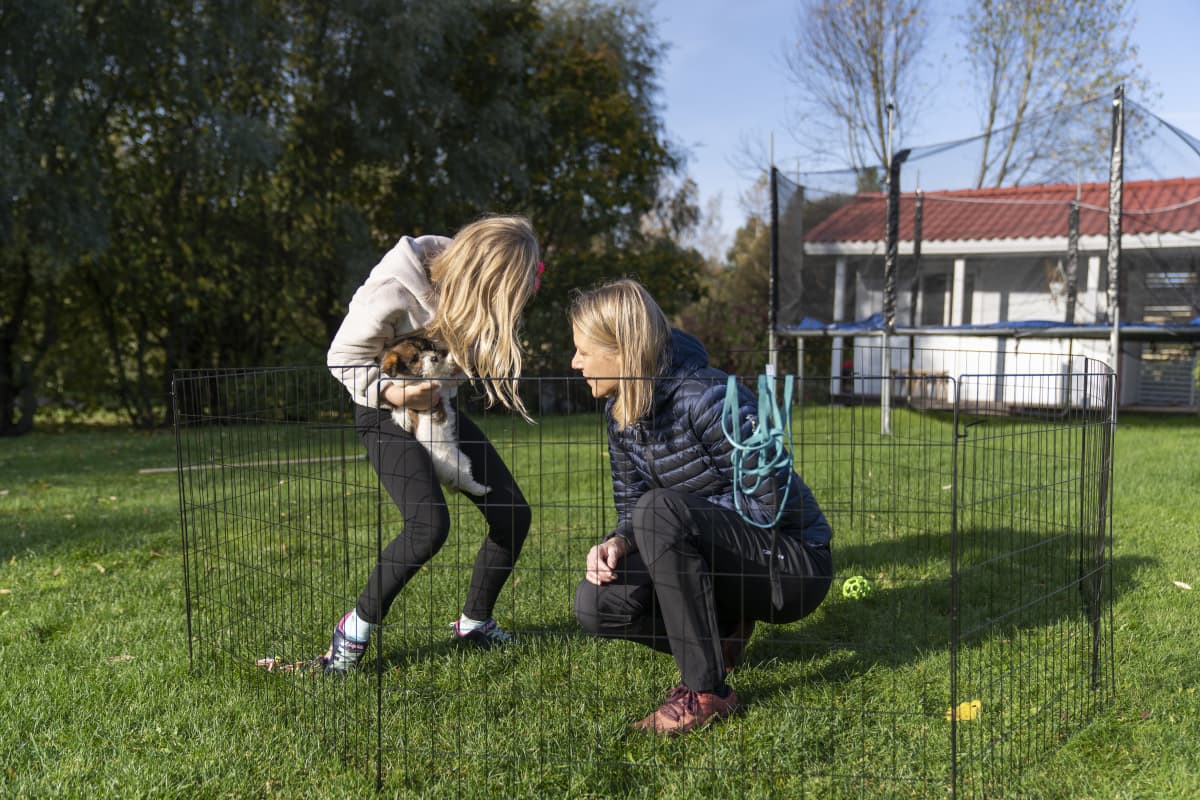 Pirkko Palmu, tytär Emilia ja koira Charlie kotipihallaan Tuusulassa