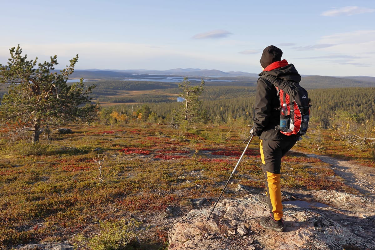 Retkeilijä Muonion Äkäskerolla, Ylläs-Pallastunturin kansallispuistossa maaruskan värittämässä maisemassa.