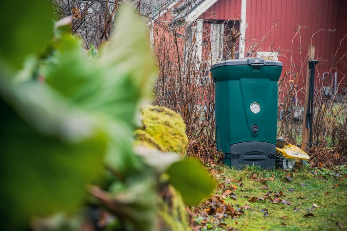 Komposti omakotitalon pihalla.
