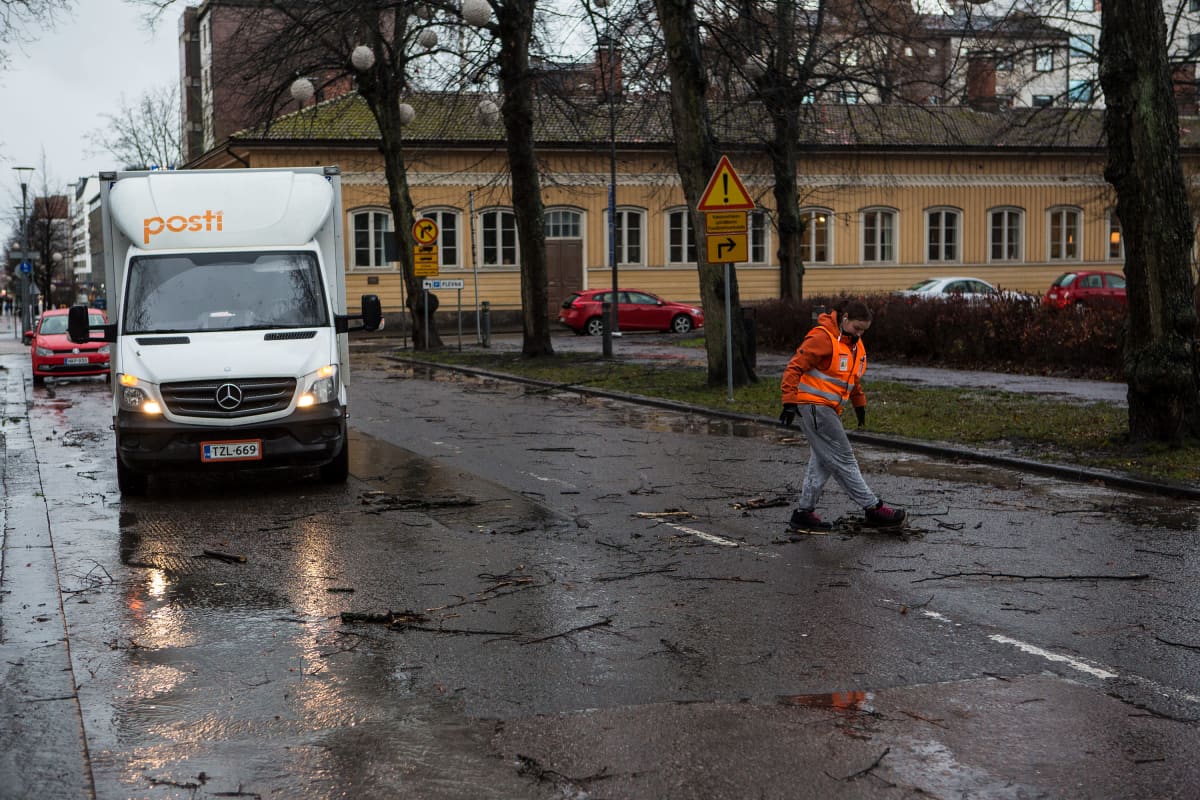 Postinjakaja keräsi Liisa-myrskyn irrottamia suurimpia oksia tieltä Tampereella