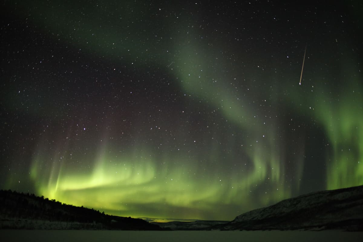 Revontulet taivaalla ja tähdenlento