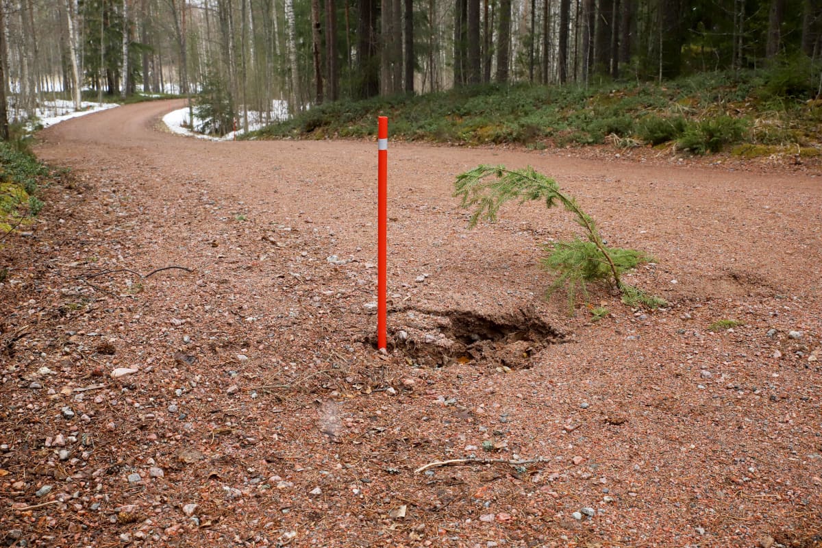 hiekkatiessä oleva kelirikko merkitty heijastinkepillä ja havuoksalla