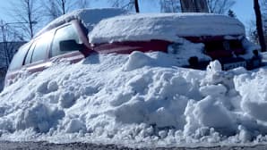 Kuvassa lulmikinokseen hautautunut auto kadun varrella. Kevätaurinko paistaa ja heijastuu auton ikkunoista.