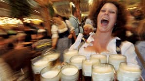 Helga-niminen tarjoilija kantaa oluttuoppeja asiakkaille Oktoberfestissa.