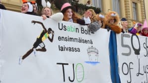 Teksti Usabin Bolt - ensimmäisenä laivassa TJ 0 abien penkkarilakanassa