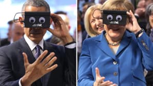 Barack Obama ja Angela Merkel virtuaalilasit kasvoillaan.