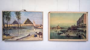 Kaksi opetustaulua rinnakkain. Egyptin pyramidit ja Venetsia.