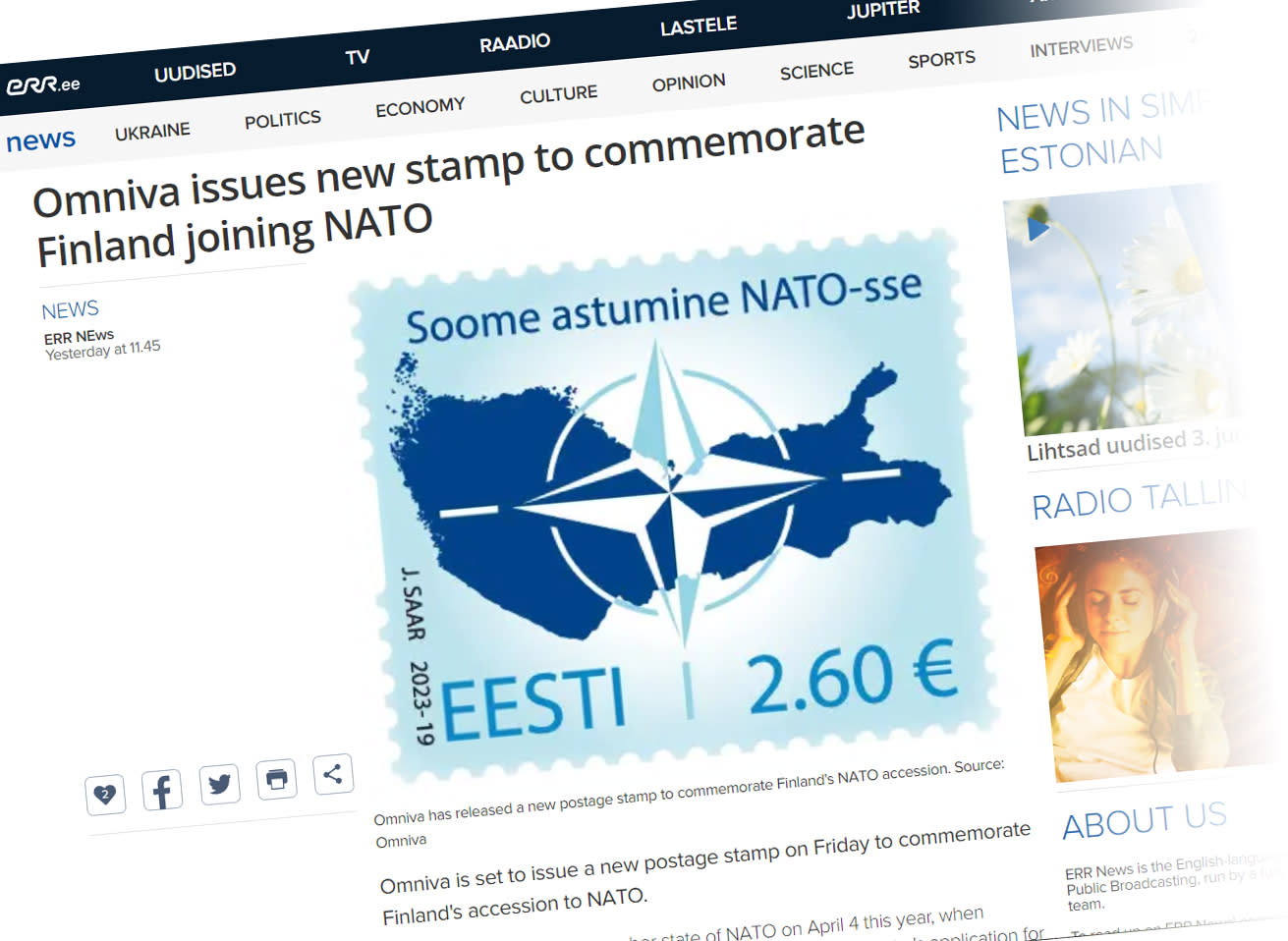 Estland gab eine Briefmarke zu Ehren der NATO-Mitgliedschaft Finnlands heraus