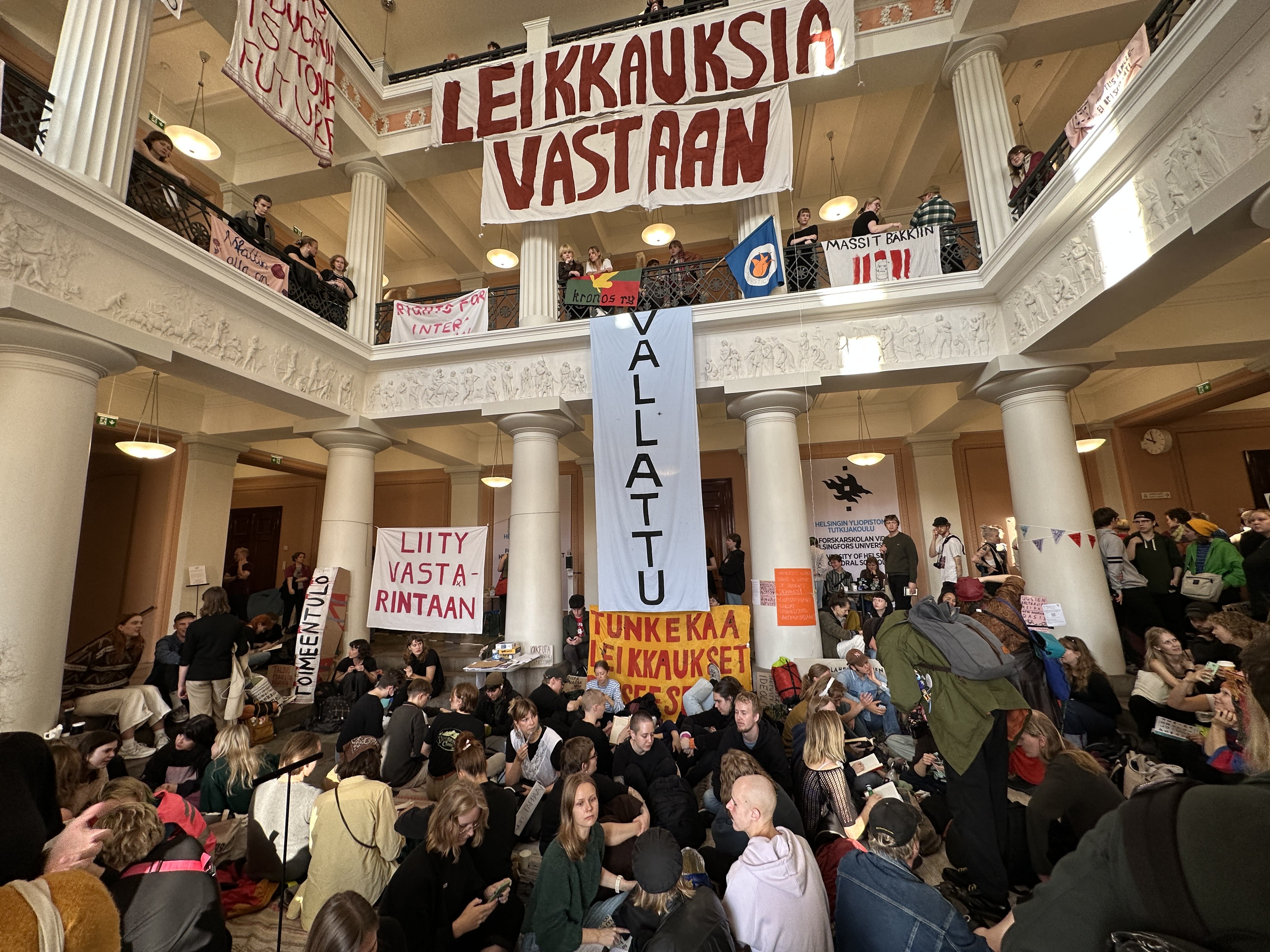 The occupiers of the University of Helsinki will remain in place until the president’s arrival at the defense event