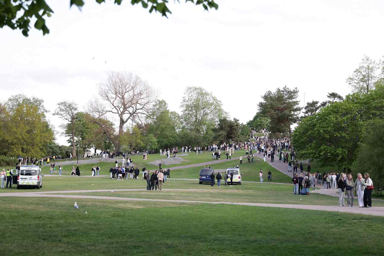 Young people and police cars at Kaivopuisto Park in Helsinki on Saturday night.