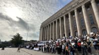 Photo shows a protest organised by the 'Specialists in Finland's group outside Finland's parliament building in September.