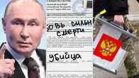 Kollaasi jossa on Putin, sotkettu äänestyslippuja ja sotilas kantaa vaalilaatikkoa.
