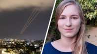 Vasemmalla puolella Israelin ilmatorjunnan valojuovia öisellä taivaalla, oikealla nuori, vaalea nainen katsoo kameraan.