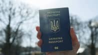 Naisen käsi pitelee Ukrainan passia. Taustalla taivasta ja lehdettömiä puita.