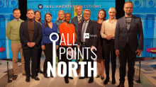 Group photo of Yle News debate participants and hosts, from 25 March, 2019 and All Points North logo.