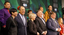 Ministers and representatives at Tuesday's Arctic Council meeting in Rovaniemi, from left: Yury Khatanzeyskiy, Vice President Russian Association of Indigenous Peoples of the North; Ine Marie Eriksen Søreide, Norwegian Foreign Minister; Sergey Lavrov, Russian Foreign Minister; Margot Wallström, Swedish Foreign Minister; Mike Pompeo, US Secretary of State, James Stotts, President, Inuit Circumpolar Council; Timo Soini; Chrystia Freeland, Minister of Foreign Affairs, Canada; Edward Alexander, Gwich'in Council International.