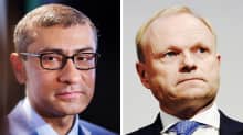 Nokian väistyvä toimitusjohtaja Rajeev Suri ja tuleva toimitusjohtaja Pekka Lundmark.