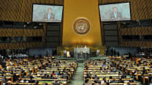 Presidentti Sauli Niinistö puhuu YK:n yleiskokouksessa syyskuussa 2012.