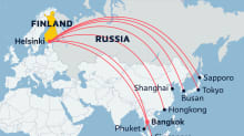 Map showing Finnair's flights from Finland to Asia that pass over Russia.