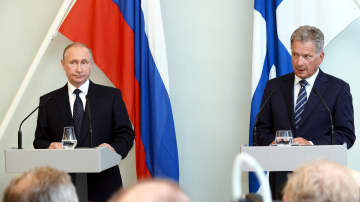 Presidentit Vladimir Putin ja Sauli Niinistö tiedotustilaisuudessa.