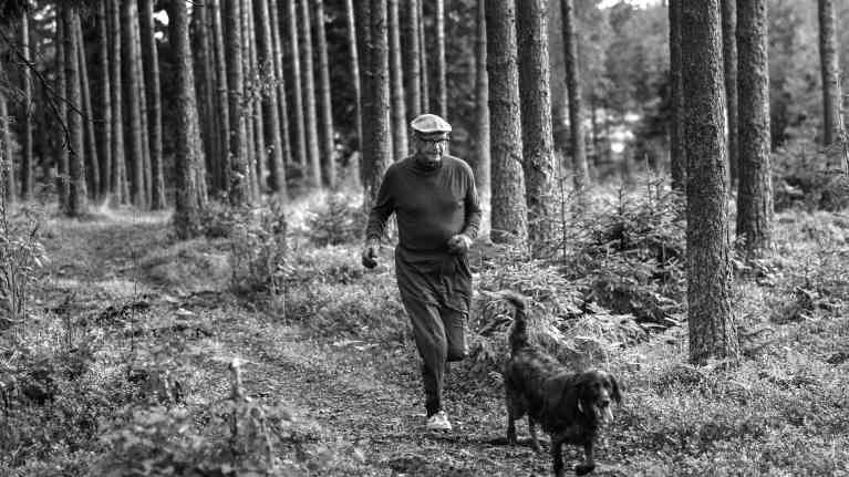 Presidentti Urho Kekkonen ulkoilee koiran kanssa Kultarannassa.
