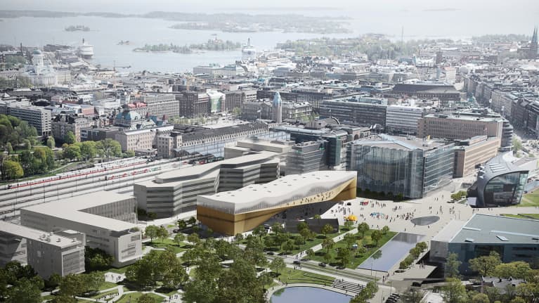 Tältä valmis keskuskirjasto tulee näyttämään arkkitehtien vision mukaan keskellä Helsinkiä.