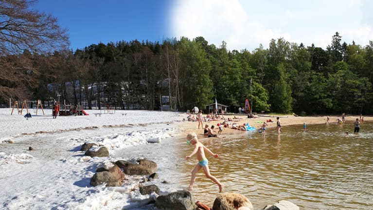 Muokattu kuva, jossa Ruissalon uimaranta kesällä ja talvella.