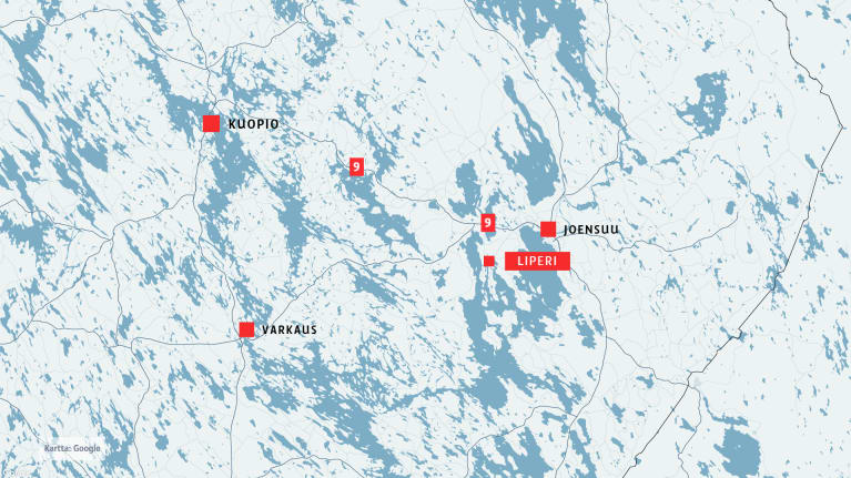 Kartta, jossa näkyy Liperi, Joensuu, Kuopio ja Varkaus.