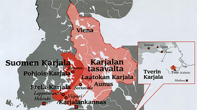 Kartta, jossa on Venäjän Karjala, Suomen Karjala ja luovutetut alueet sekä Tverin Karjala.