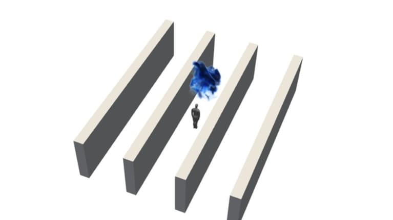 Piirros neljästä hyllykäytävästä. Yhdessä seisoo ihminen, jonka yllä leijuu aerosolipilvi. 