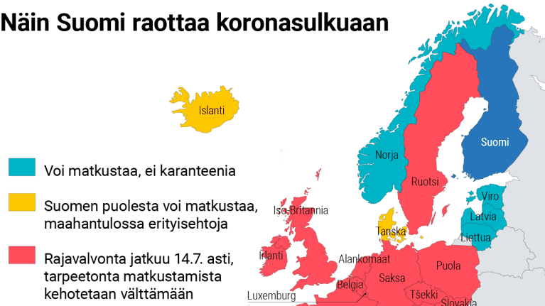 Infokartta koronasuluista Euroopassa.
