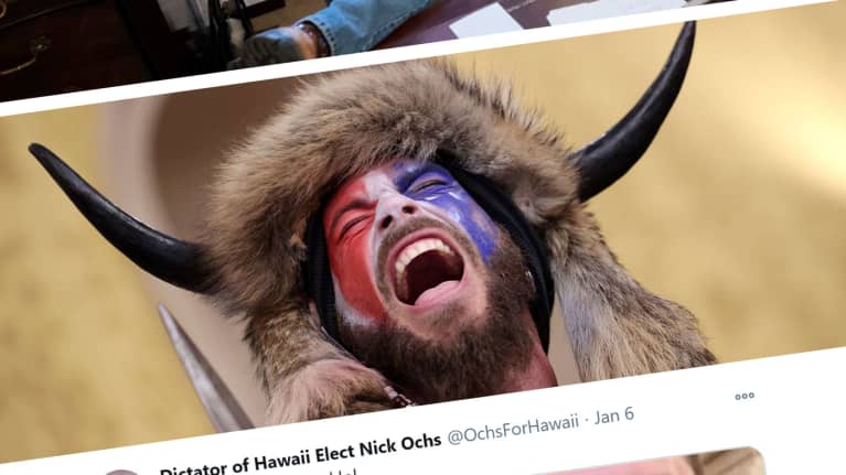 Kuvakoosteessa Donald Trumpin kannattaja poseerasi edustajainhuoneen puhemies, demokraatti Nancy Pelosin työpöydän ääressä, sarvipäinen mielenosoittaja huusi iskulauseita kongressirakennuksen sisällä ja Dictator of Hawaii Elect Nick Ochsin Twitter-päivitys.