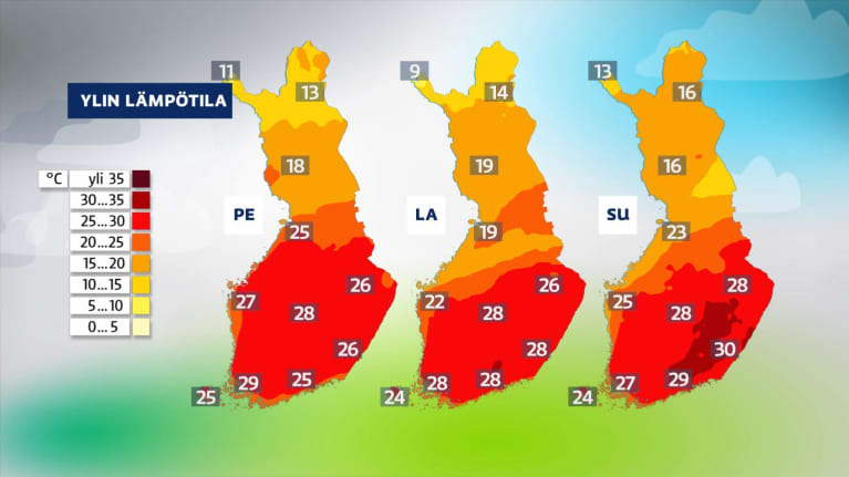 Viikonlopun sääkartat hehkuvat punaisina varsinkin eteläisessä Suomessa.