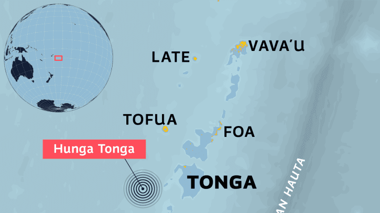 Kartalla Tongan saaret ja Hunga Tonga, jossa tulivuorenpurkaus tapahtui.