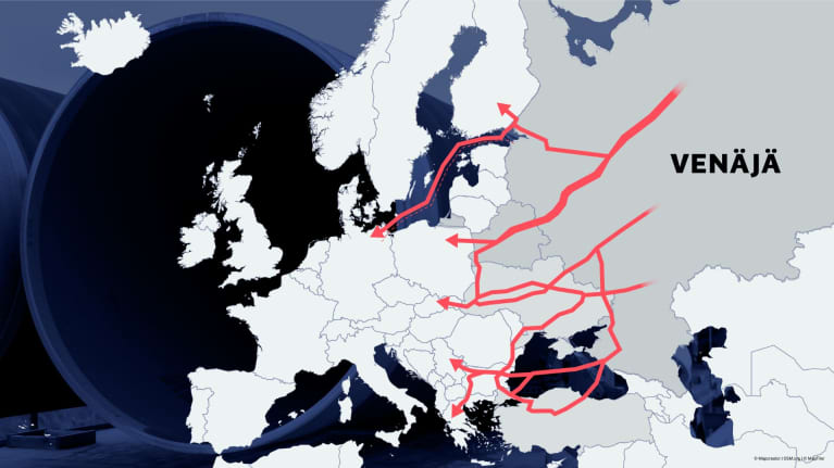 Karttakuva Venäjän kaasuputkista Eurooppaan