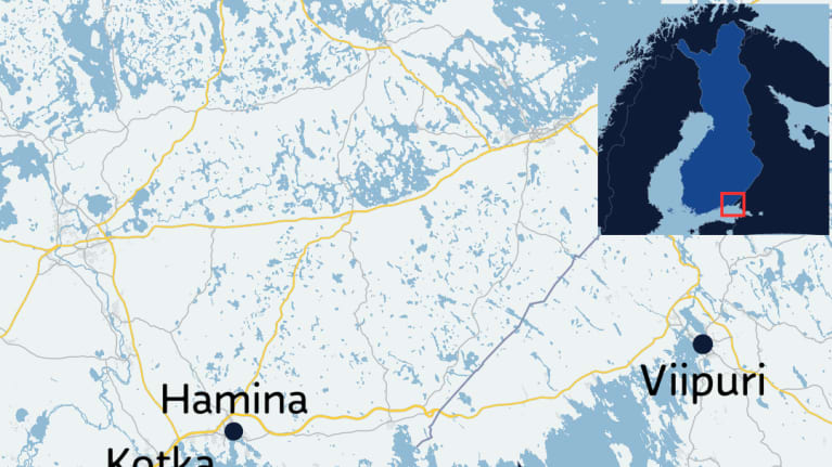 Kartta, joka näyttää itärajalla Lanskerin saaren ja Venäjän puolella Kompressioaseman.