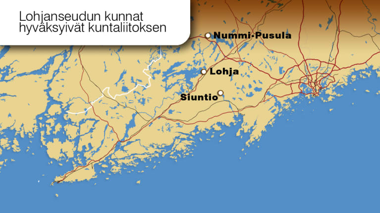 Kartta, jossa kuntaliitoksesta päättäneet Lohja, Nummi-Pusula ja Siuntio.
