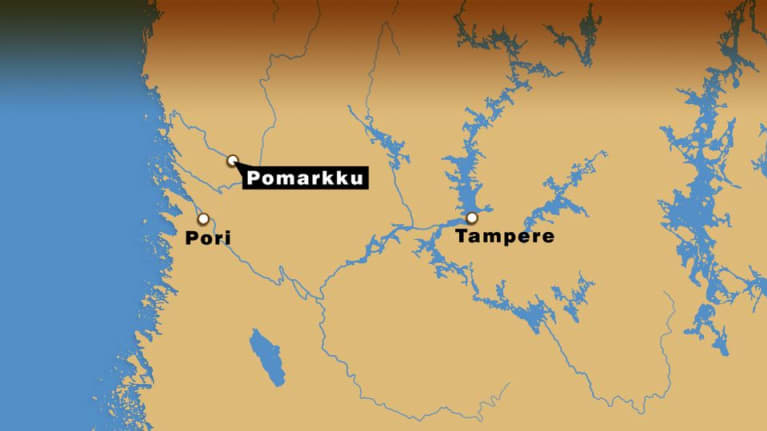 Kartta, johon merkitty Pomarkku, Pori ja Tampere.