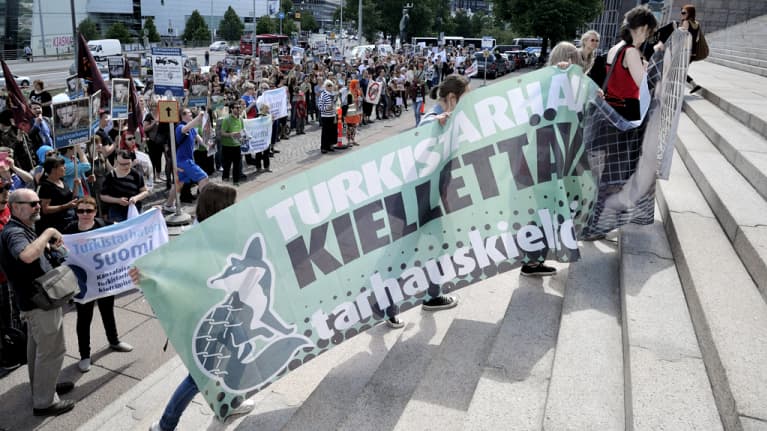 Turkistarhauksen vastainen mielenosoitus Helsingissä.