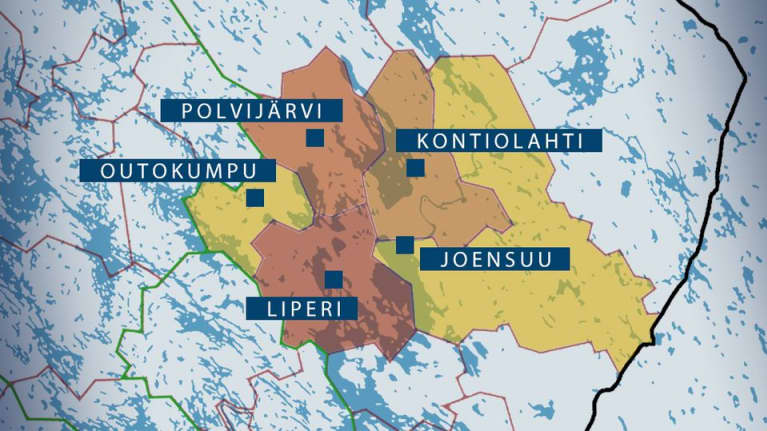Kartta, jossa Outokumpu, Polvijärvi, Liperi, Kontiolahti ja Joensuu