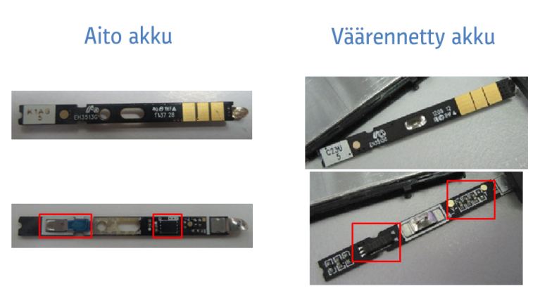 Kuvayhdistelmä aidosta kännykän akusta ja väärennetystä akusta.