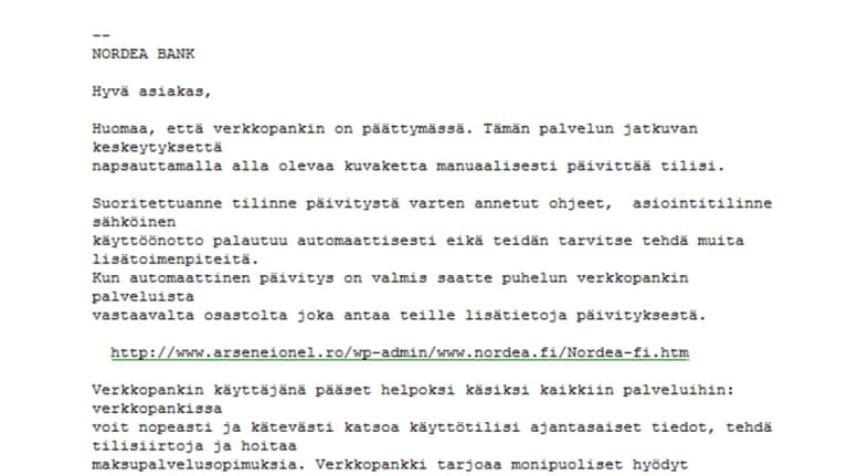 Kuvankaappaus huijaussähköpostista, jossa väitetään, että käyttäjän verkkopankki olevan sulkeutumassa. 