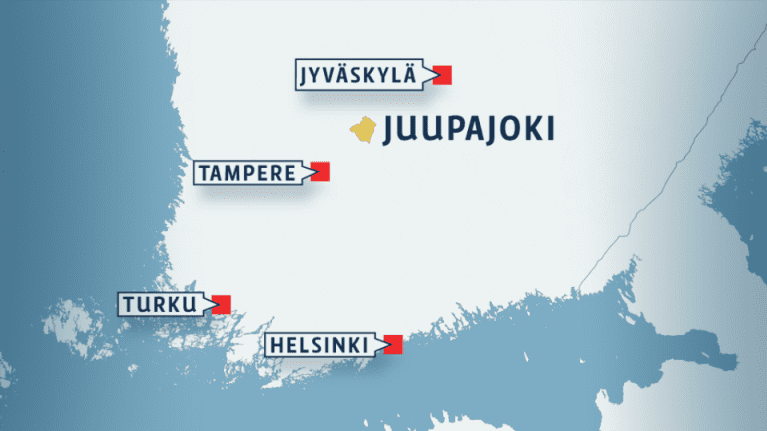 Suomen kartta johon on merkitty Juupajoen sijainti ja muita suuria kaupunkeja.