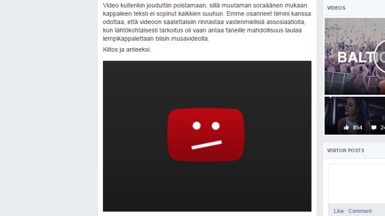 Artisti Sanni ilmoitti videonsa poistamisesta virallsiella Facebook-sivullaan 16. elokuuta.