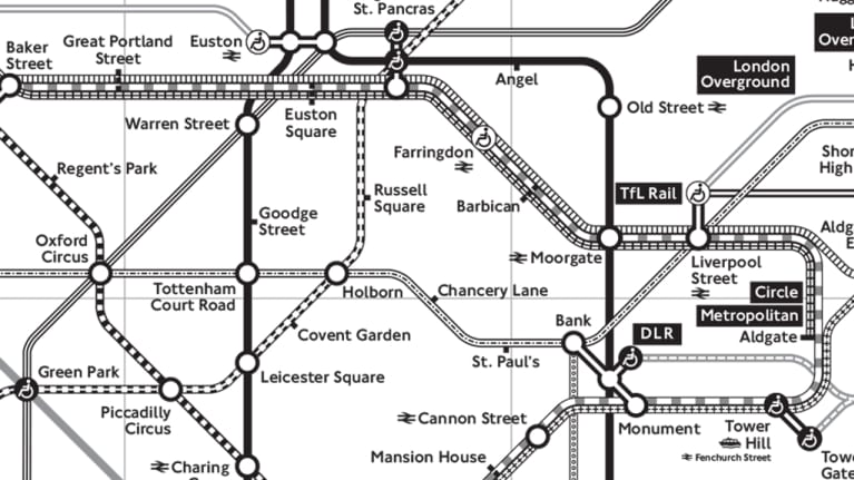 Yksityiskohta värisokeille tehdystä Lontoon metrokartasta, josta värit on poistettu kokonaan.