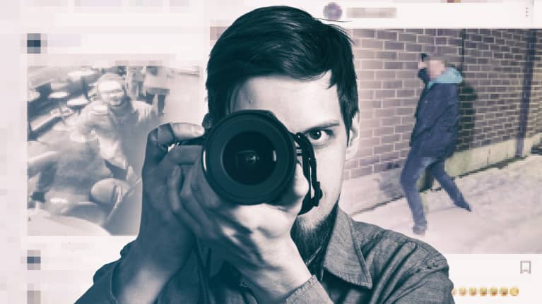 Kuvakollaasi, jossa on mies kuvaamassa ja sosiaalisessa mediassa julkaistuja kuvia muista ihmisistä.