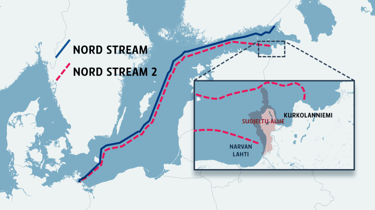 Karttagrafiikka Nord Stream -kaasuputkien reiteistä.