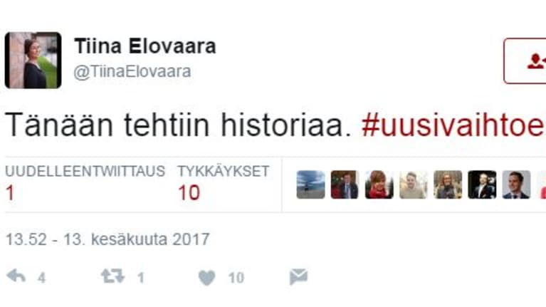 Kuvakaappaus Tiina Elovaaran Twitter-tililtä