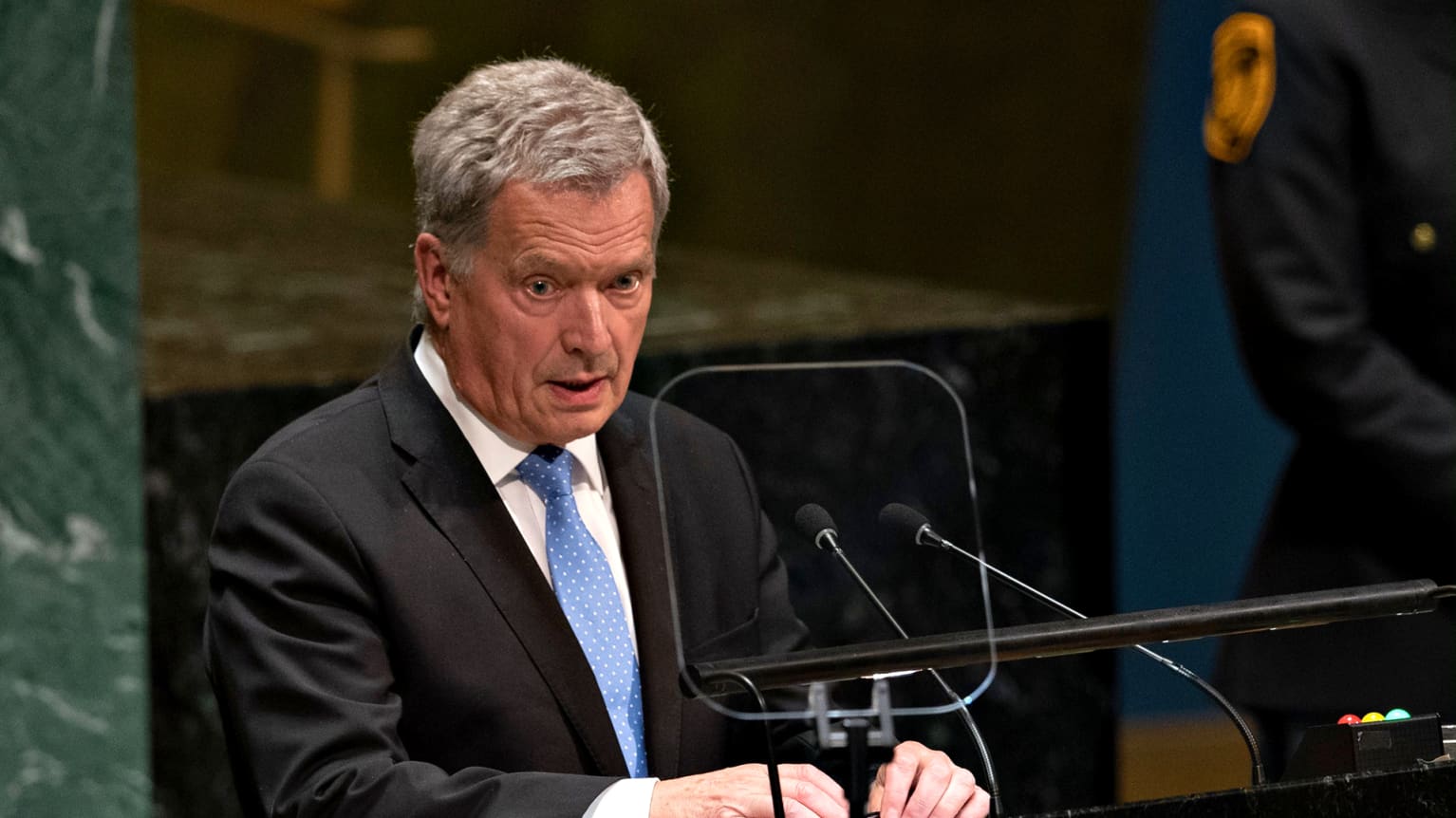 Sauli Niinistö puhumassa Yhdistyneiden kansakuntien 74. yleiskokouksessa 24. syyskuuta.